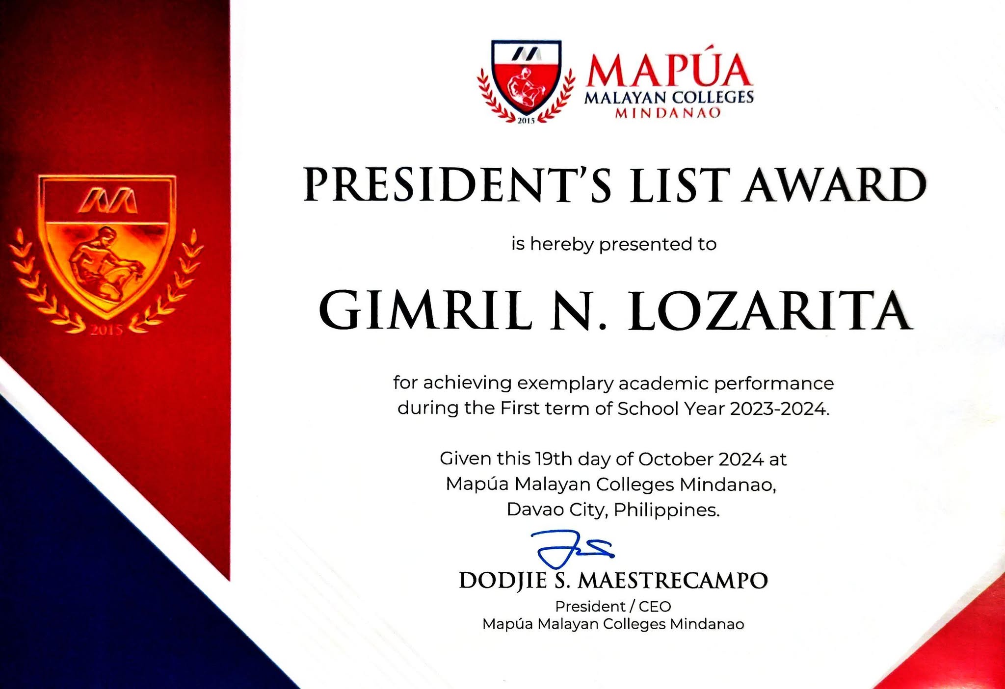 President's List Certificate